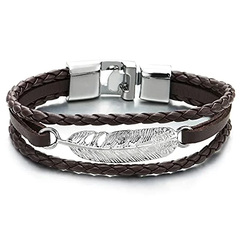 Feather Brown Braided Leather Bracelet for Men Women Three-Row Leather Wristband