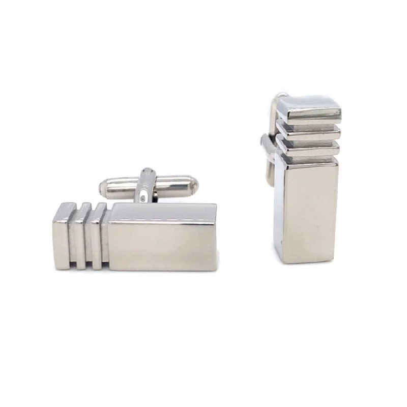 Stainless Steel Cufflinks - "Long Bar with Grooves"