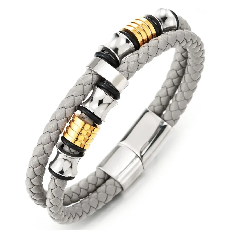 Mens Double-Row Beige Grey Braided Leather Bracelet Bangle Wristband, Silver Gold Steel Ornaments