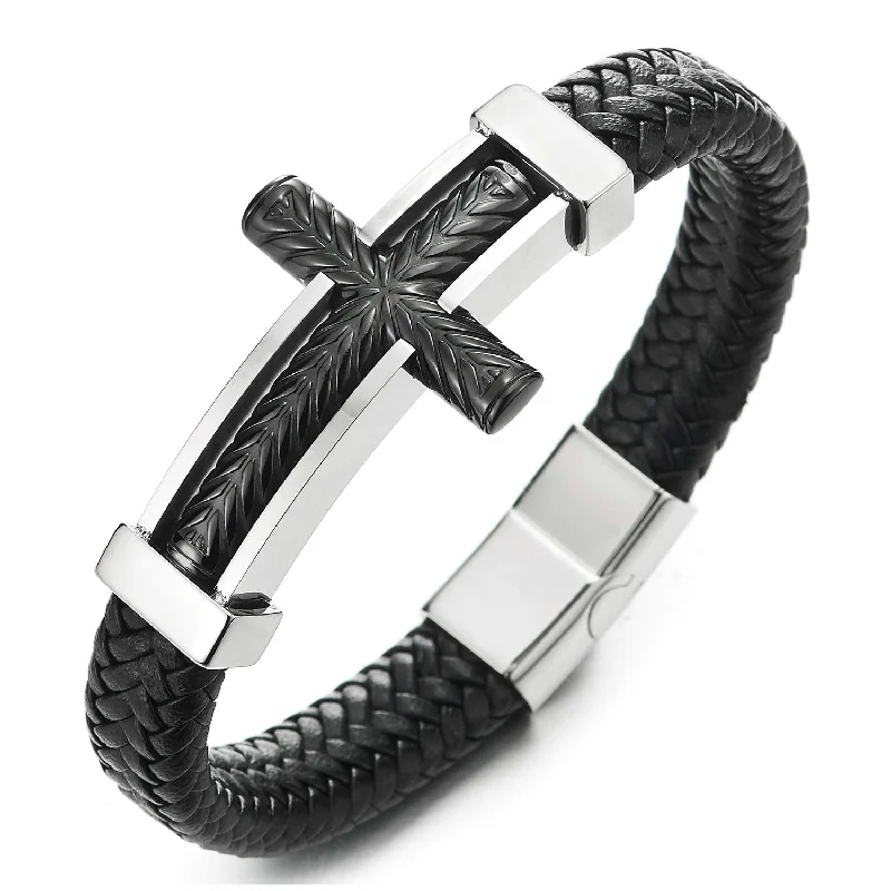 Mens Steel Horizontal Sideway Lateral Cross Silver Black ID Identify Black Braided Leather Bracelet