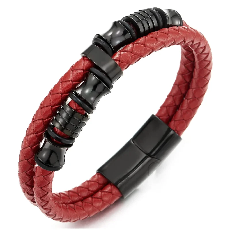 Mens Double-Row Red Braided Leather Bracelet Bangle Wristband with Black Stainless Steel Ornaments