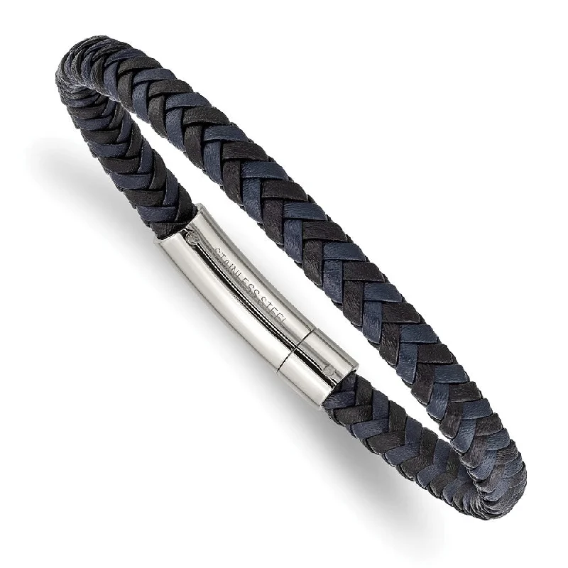 7mm Stainless Steel & Two Tone Braided Leather Bracelet, 8.25 Inch