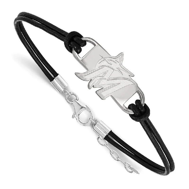 Sterling Silver Rhodium MLB Miami Marlins Leather Bracelet, 7 Inch