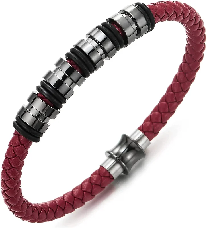 COOLSTEELANDBEYOND Mens Women Red Braided Leather Bracelet, Bangle with Stainless Steel Bead String and Magnetic Clasp