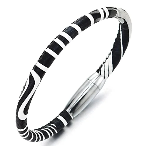 Mens Womens Minimalist Black and White Print Leather Bangle Bracelet with Magnetic Clasp