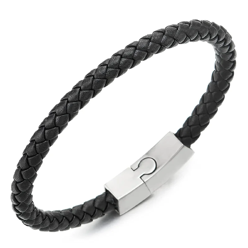 Unisex Mens Women Thin Black Braided Leather Bracelet Leather Bangle Wristband, Steel Magnetic Clasp