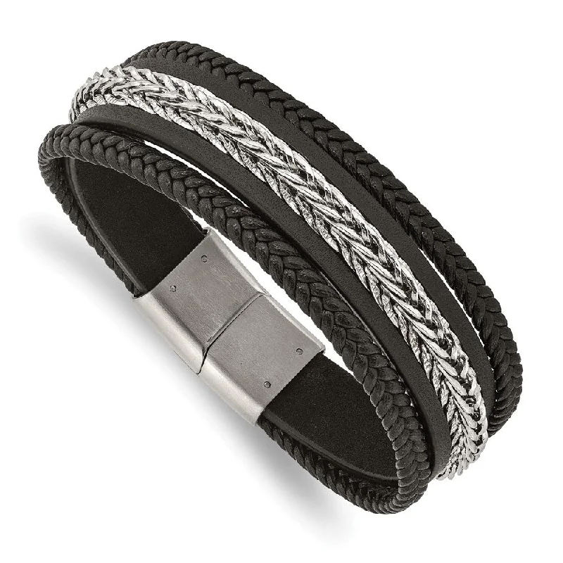 23mm Stainless Steel & Black Leather Multi Strand Bracelet, 8.5 Inch