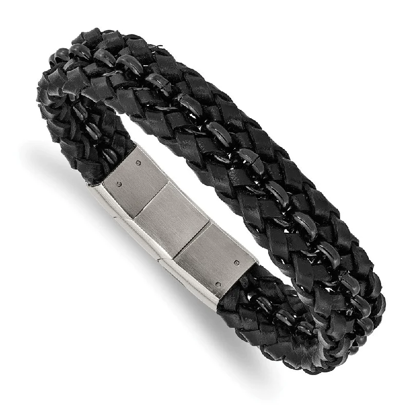 14.5mm Black Plated Stainless Steel & Blk Leather Bracelet, 7.5-8 Inch