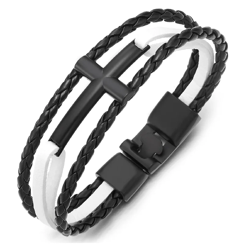 Horizontal Sideway Lateral Cross Black White Braided Leather Wristband Bangle Bracelet, Three-Row