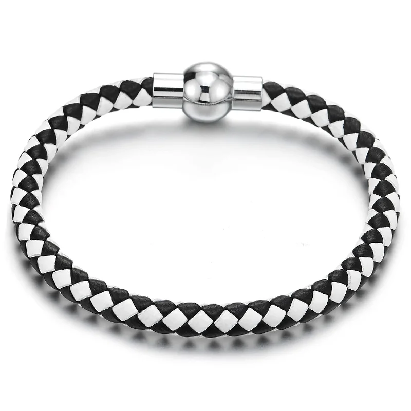 Mens Women Black and White Braided Leather Bracelet Leather Bangle Wristband with Magnetic Clasp