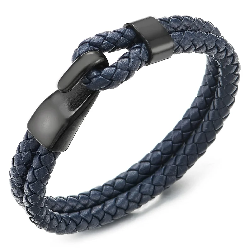 Mens Womens Two-Row Dark Blue Braided Leather Bangle Bracelet Wristband with Black Steel Hook Clasp