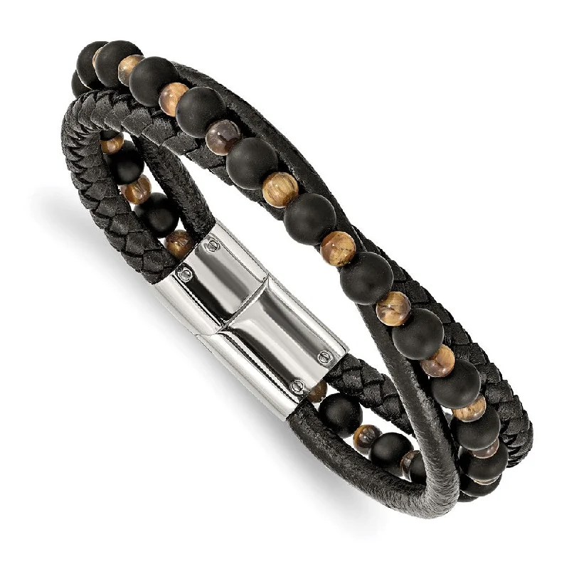 Stainless Steel, Tiger's Eye/Black Agate & Leather Bracelet, 8.25 Inch