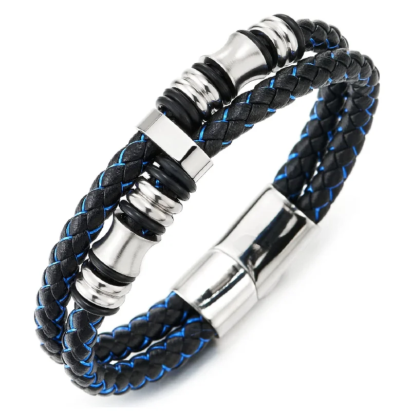 Mens Double-Row Black Blue Braided Leather Bracelet Bangle Wristband with Silver Steel Ornaments