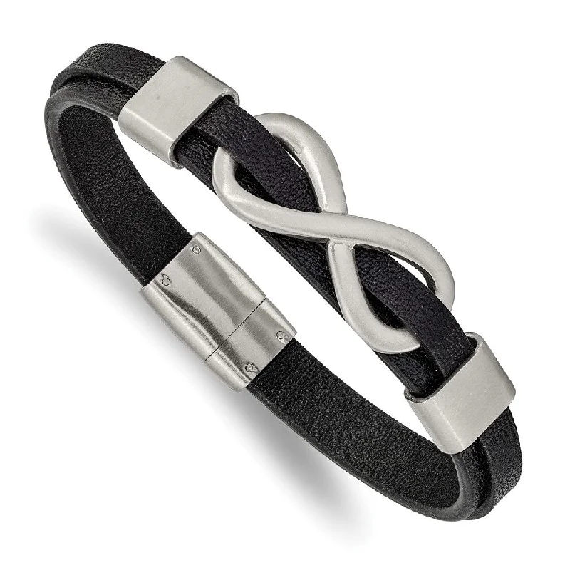 Mens Stainless Steel & Black Leather Brushed Infinity Bracelet, 8 Inch