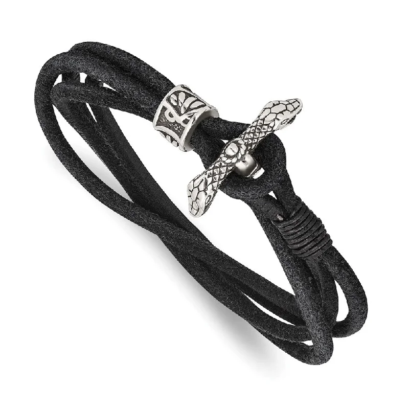 Stainless Steel, Black or Tan Suede Leather Snake Wrap Bracelet, 16 In