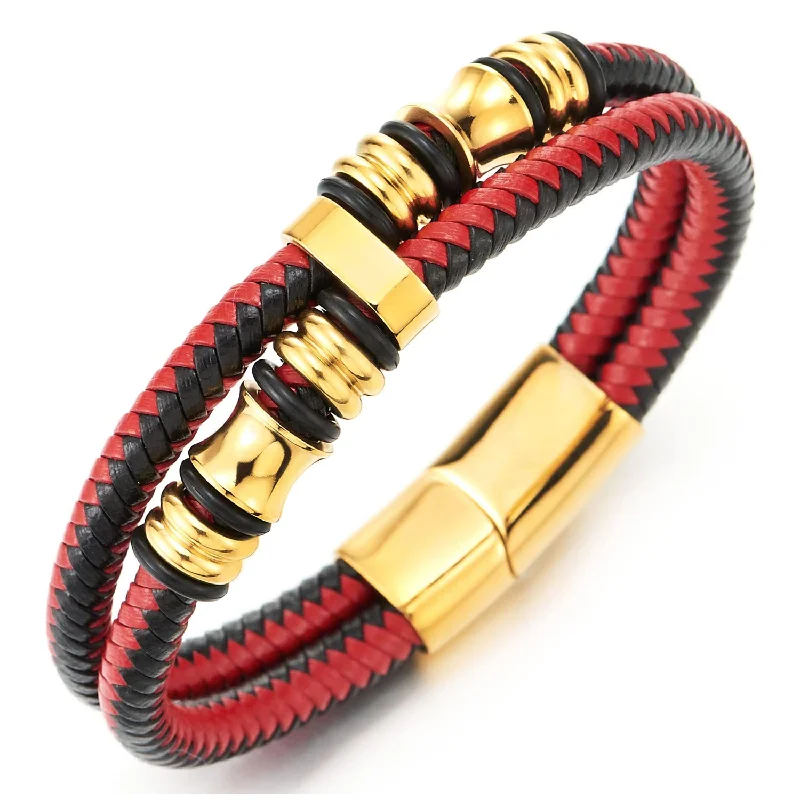 Mens Double-Row Black Red Braided Leather Bracelet Bangle Wristband with Gold Steel Ornaments