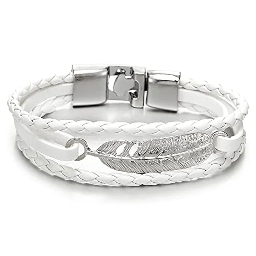 Feather White Braided Leather Bracelet for Men Women Three-Row Leather Wristband