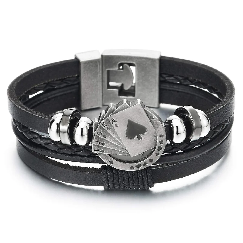 Ace Card Poker Spade Sequence Bead Charms Multi-Strand Black Braided Leather Wrap Wristband Bracelet