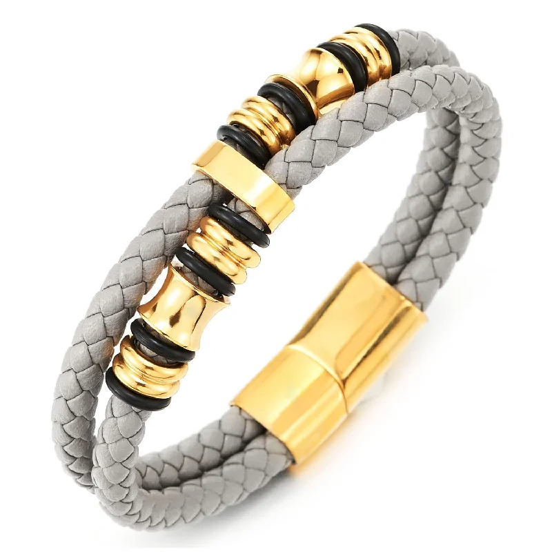 Mens Double-Row Beige Grey Braided Leather Bracelet Bangle Wristband with Gold Steel Ornaments