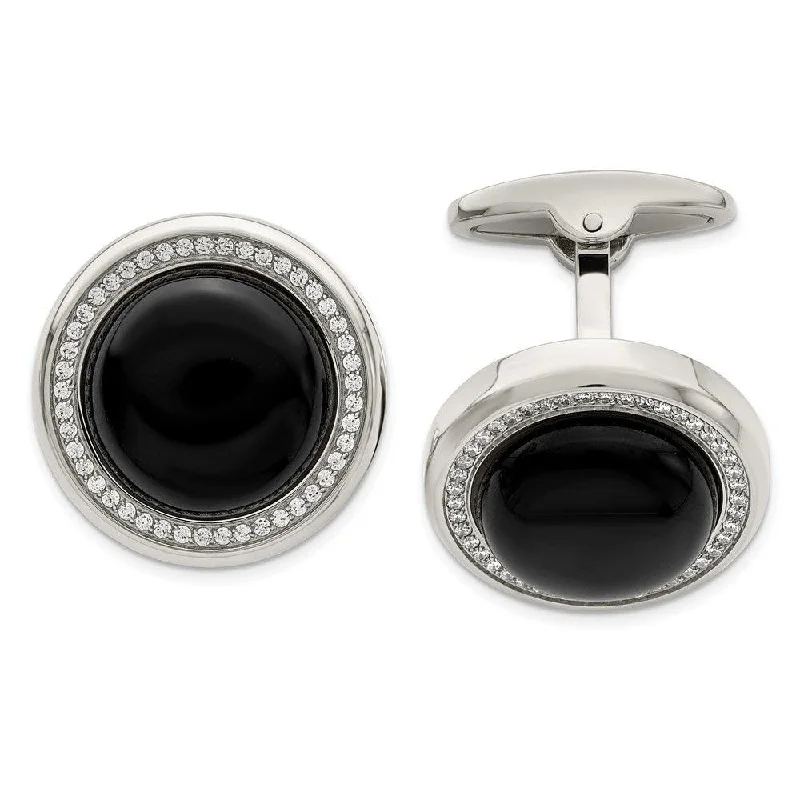 Stainless Steel Polished with CZ and Onyx Circle Cufflinks