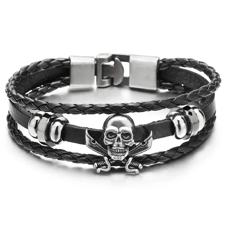 Mens Women Sword Pirate Skull Black Braided Leather Bracelet Multi-Strand Leather Wristband Bracelet