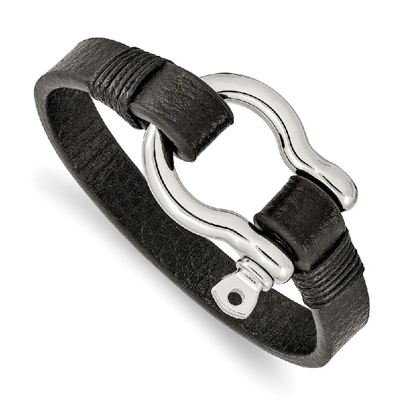 Stainless Steel & Black Leather Shackle Bracelet, 8.25 Inch