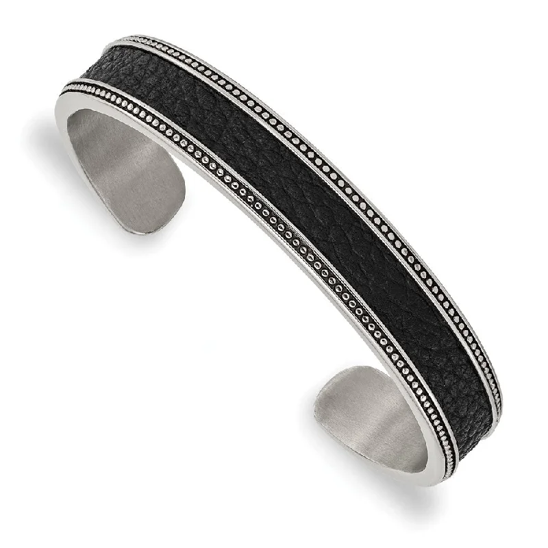 12mm Stainless Steel & Textured Leather Antique Cuff Bracelet, 7.25 In