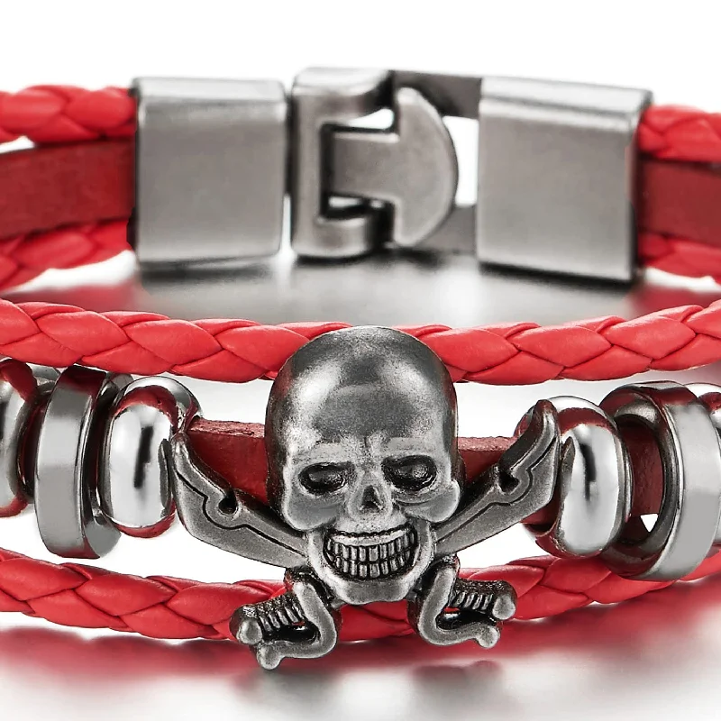 Mens Women Sword Pirate Skull Braided Leather Bracelet Multi-Strand Leather Wristband Bracelet