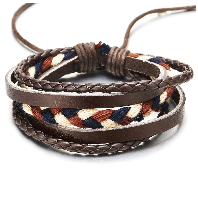 Hand-Made Men Women Multi-Strand Brown Braided Leather Blue White Brown Braided Cotton Rope Bracelet