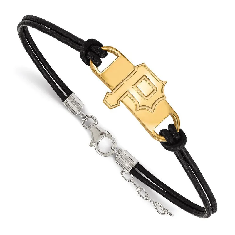 14K Yellow Gold Plated S.S. MLB Pitts. Pirates Leather Bracelet, 7 In