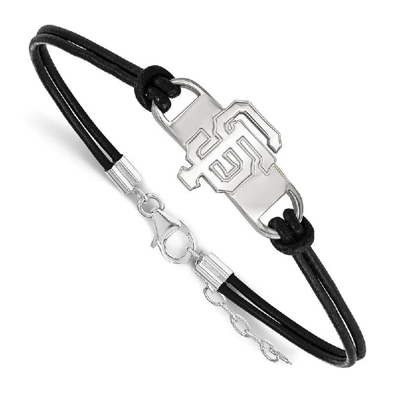 Sterling Silver Rhod-Plated MLB San Fran Giants Leather Bracelet, 7 In