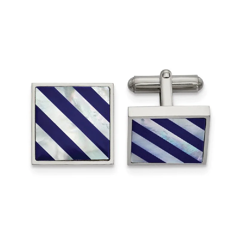 Stainless Steel Polished with Mother of Pearl & Blue Shell Inlay Cufflinks