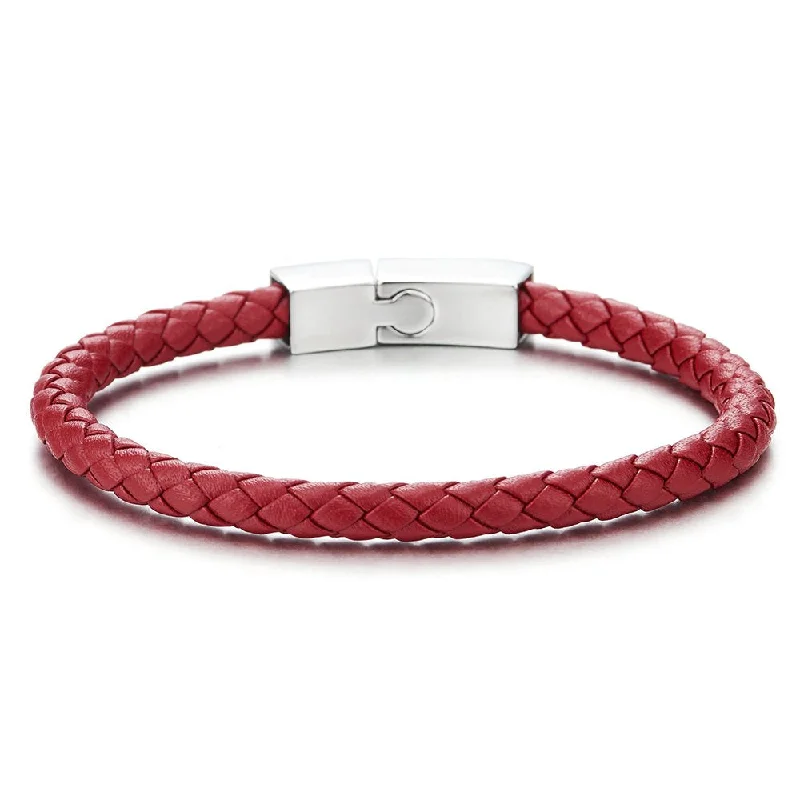 Thin Red Braided Leather Bracelet Leather Bangle Wristband, Steel Magnetic Clasp for Men Women