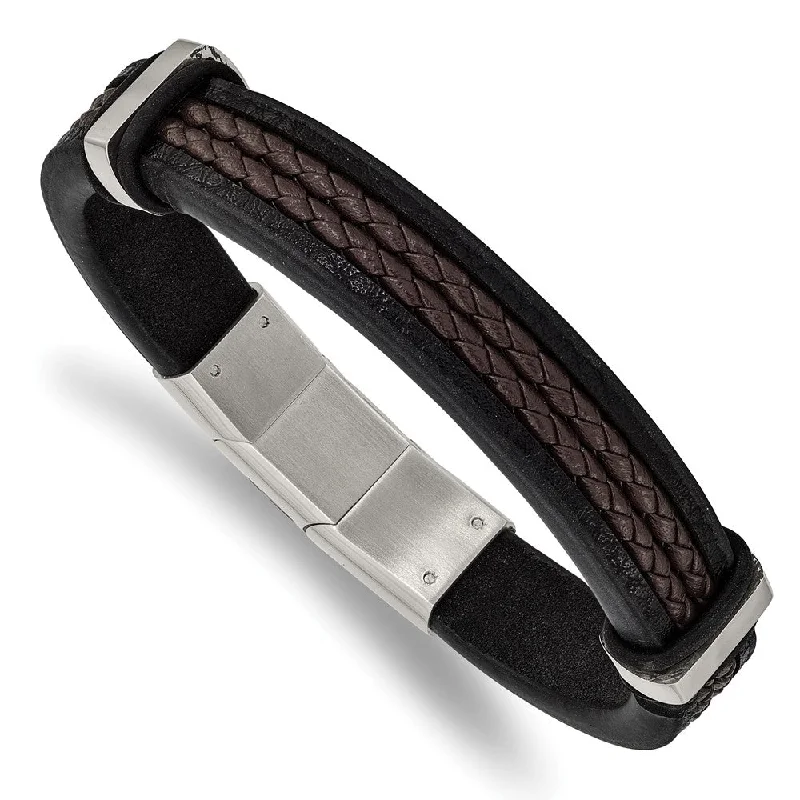 Stainless Steel, Black/Brown Leather Adjustable Bracelet, 8 Inch