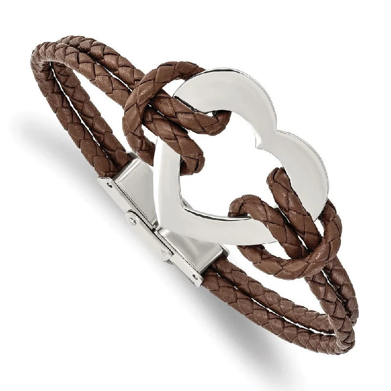 Stainless Steel Heart and Brown Leather Bracelet, 7.5 Inch