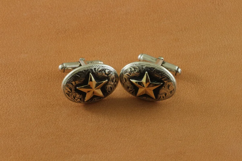 14k Gold Star Overlay Engraved Oval Cufflinks (TT)