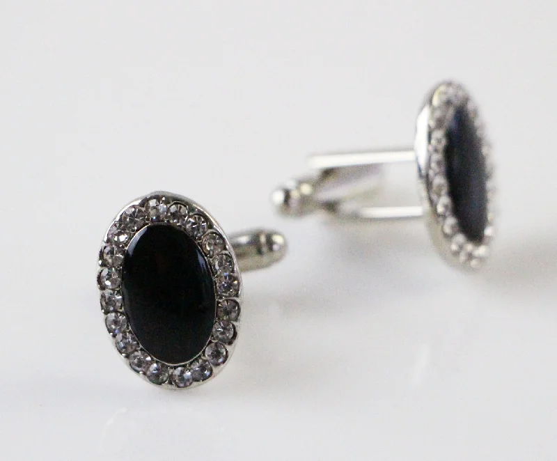 Mens Silver Oval With Black Diamond Cufflinks