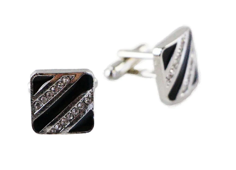 Mens Square With Black And Silver Diagonal Stripes Cufflinks