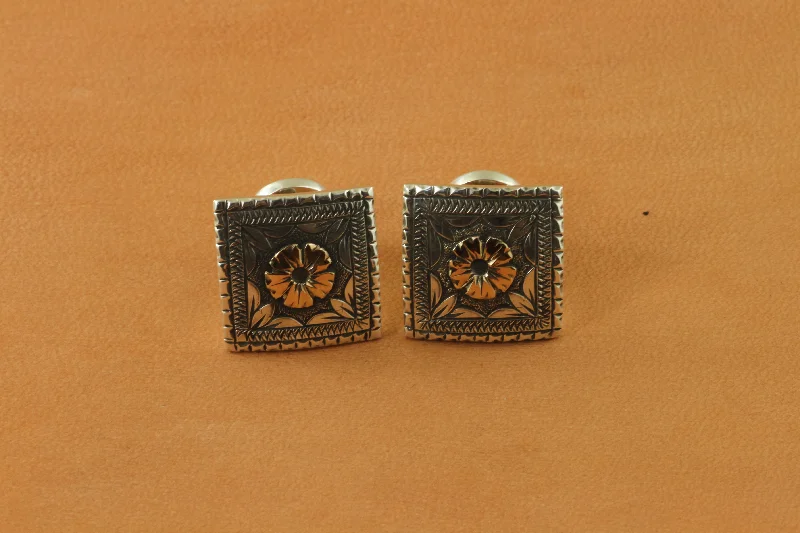 Engraved Flower 14k Gold and SS Square Cufflinks (TT)