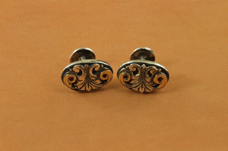 Handmade Two-Tone Gold Scroll w/ Rubies Oval Cufflinks