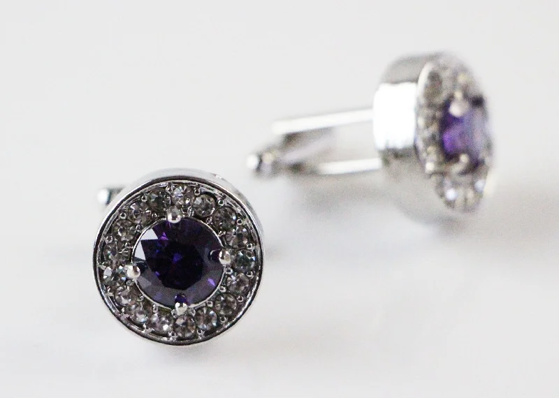 Mens Silver Circular Purple Diamond Cufflinks