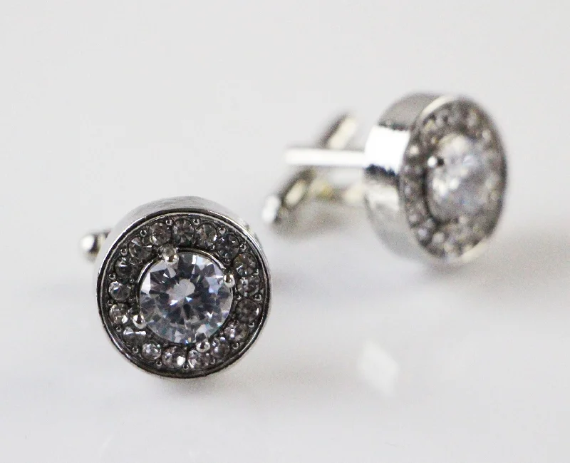 Mens Circular Silver Diamond Cufflinks