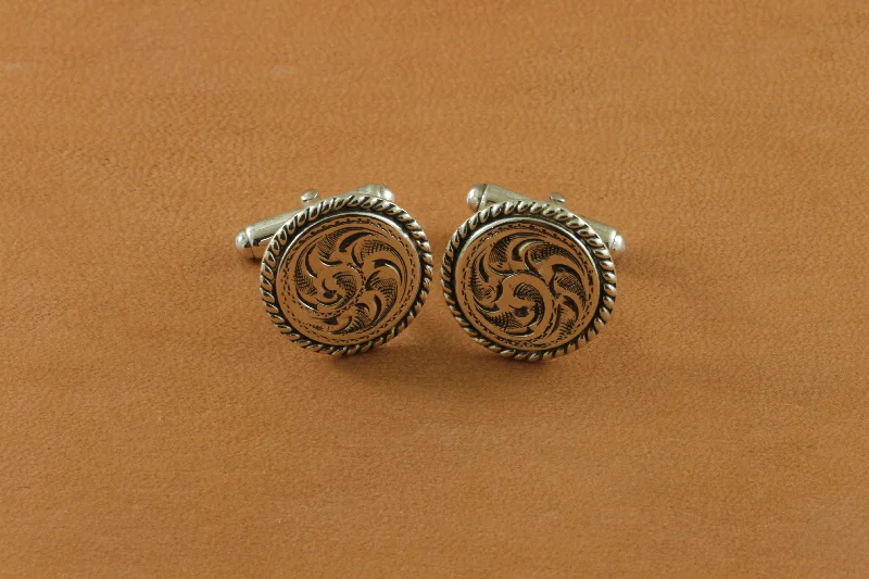 Flat Swirl Engraved w/ Rope Edge Round Cufflinks (SS)