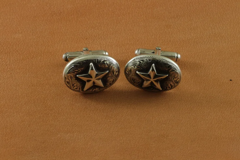 Engraved Star Oval Cufflinks (SS)