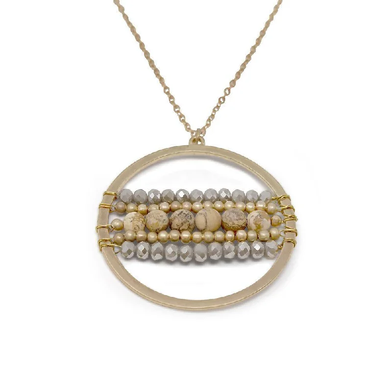 Beaded Open Circle Long Necklace Gold Beige