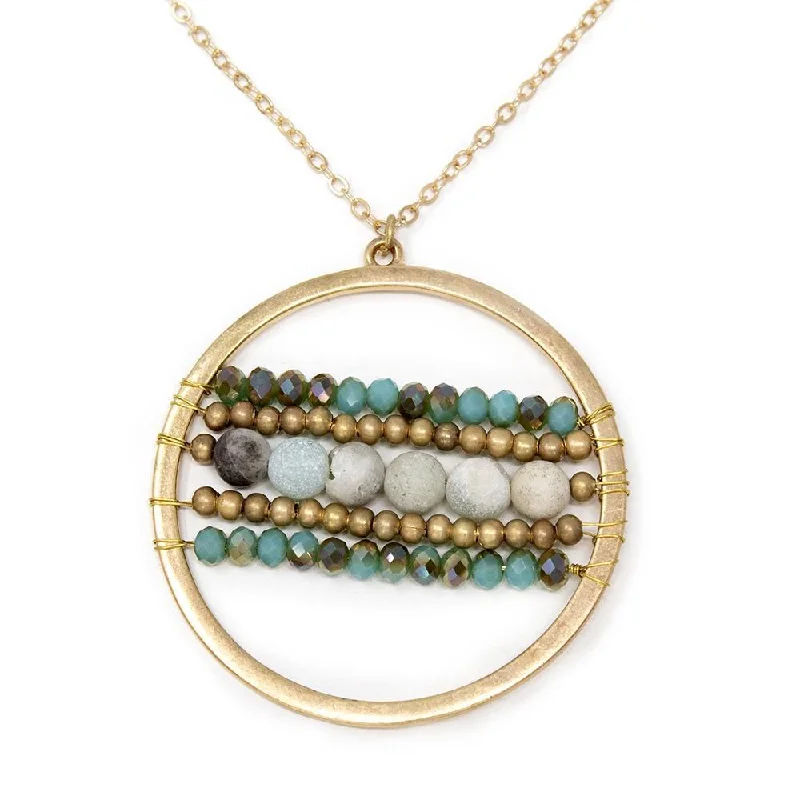 Beaded Open Circle Long Necklace Gold Green