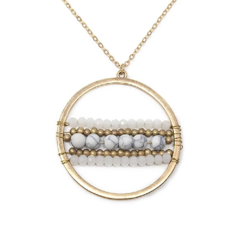 Beaded Open Circle Long Necklace Gold White