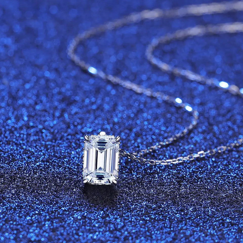 Custom Lab Iced Out Moissanite Rectangle Diamond stone, Luxury Emerald Cut Pendant, 925 Sterling Silver Chain Necklace