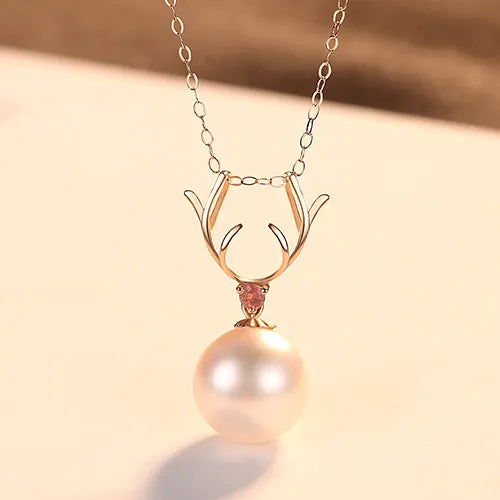 Cute Antlers Sea Pearl Pendant Necklace for Women Real 18K Gold Luxulry Jewelry