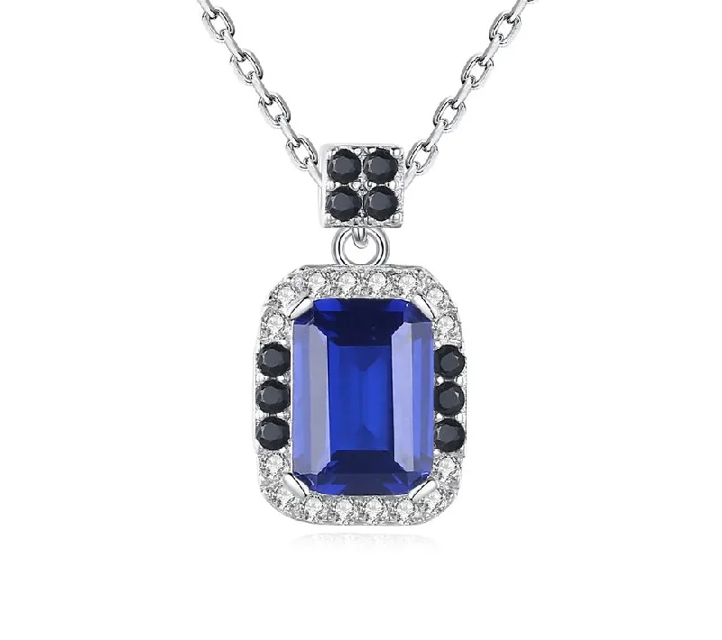 Diamond Necklace, Elegant Gemstone Stone Silver S925 Necklace Dark Blue Square Shape